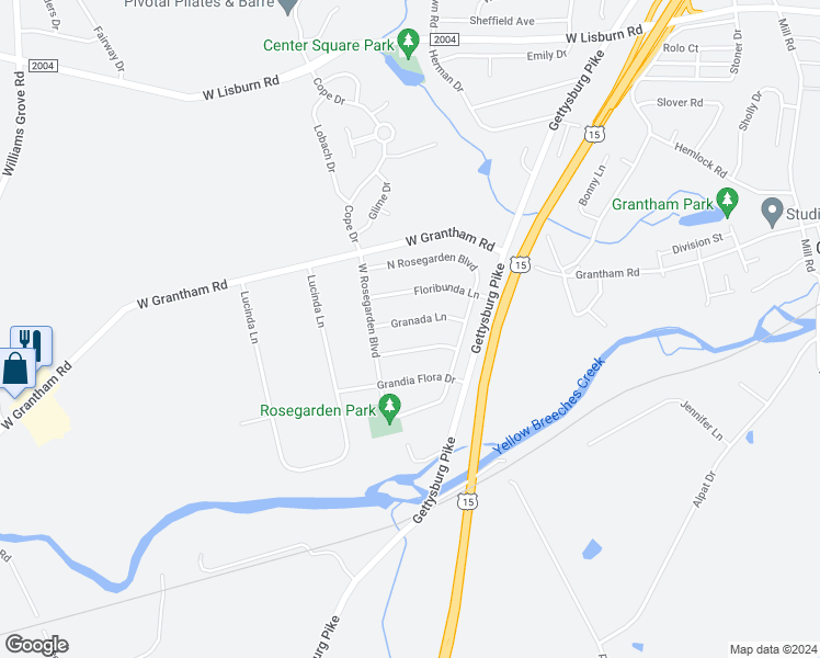 map of restaurants, bars, coffee shops, grocery stores, and more near 1115 Granada Lane in Mechanicsburg