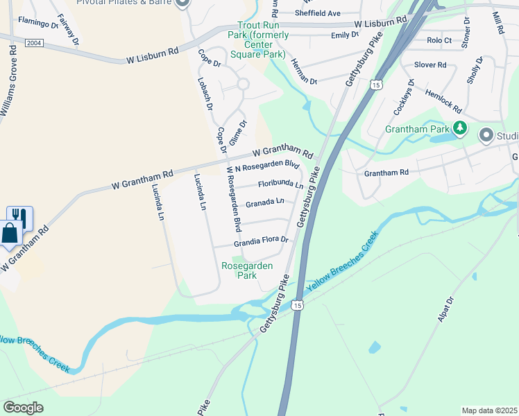 map of restaurants, bars, coffee shops, grocery stores, and more near 1115 Granada Lane in Mechanicsburg