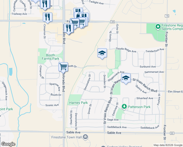 map of restaurants, bars, coffee shops, grocery stores, and more near 10522 Taylor Avenue in Longmont