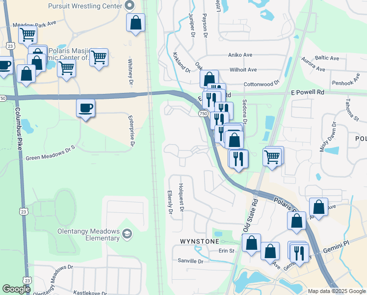 map of restaurants, bars, coffee shops, grocery stores, and more near 1057 Bayridge Drive in Lewis Center