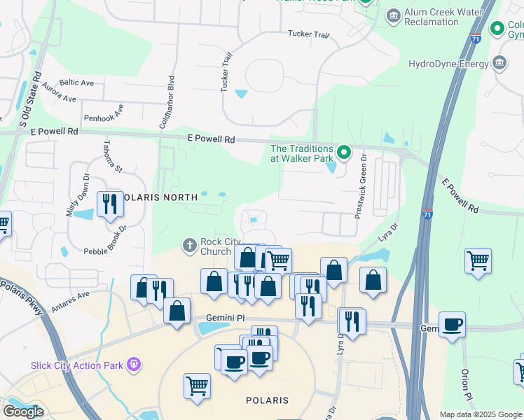 map of restaurants, bars, coffee shops, grocery stores, and more near Scenic View Circle in Columbus