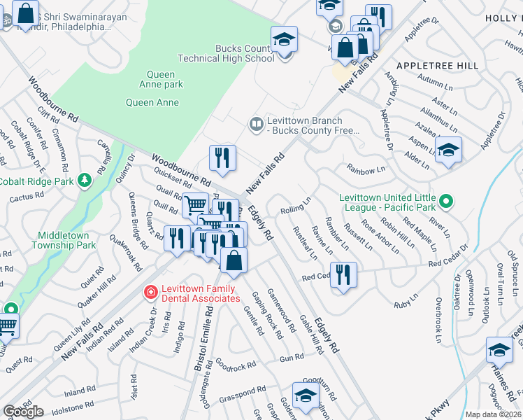 map of restaurants, bars, coffee shops, grocery stores, and more near 5 Return Lane in Levittown