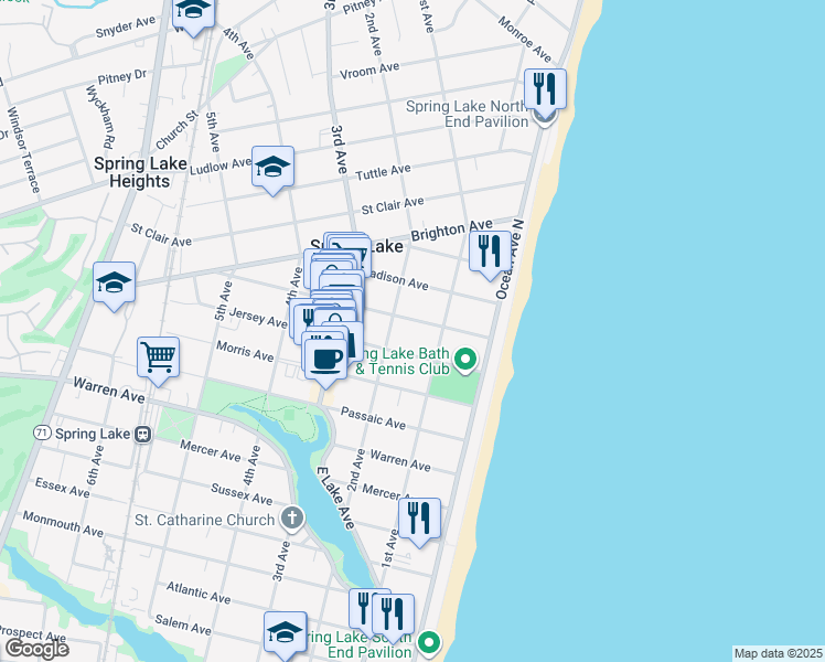 map of restaurants, bars, coffee shops, grocery stores, and more near 111 Washington Avenue in Spring Lake