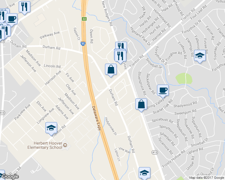 map of restaurants, bars, coffee shops, grocery stores, and more near 140 Sandybrook Drive in Langhorne