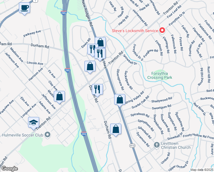 map of restaurants, bars, coffee shops, grocery stores, and more near 56 Sandybrook Drive in Langhorne