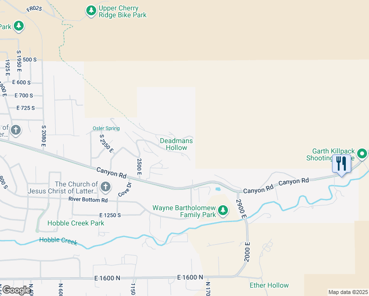 map of restaurants, bars, coffee shops, grocery stores, and more near 2651 2500 East in Springville