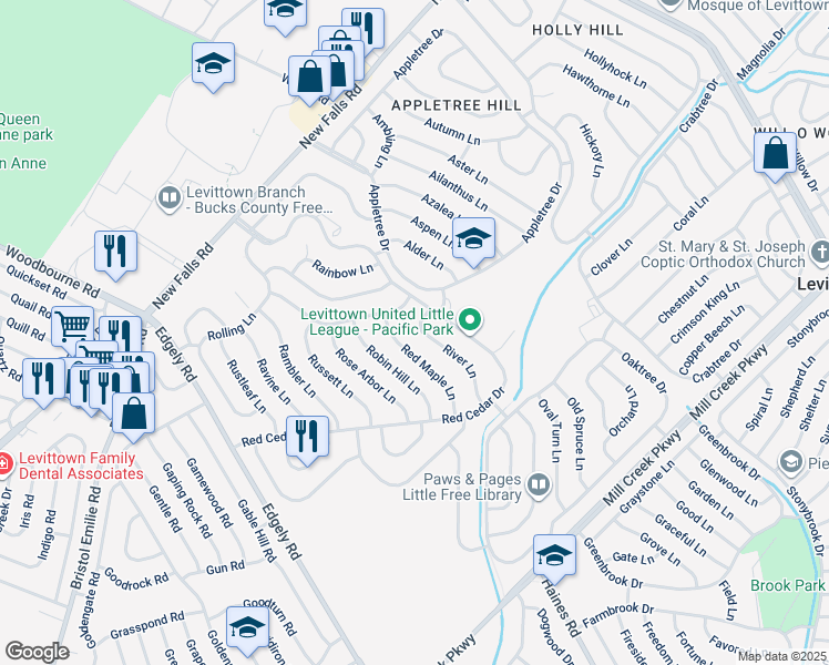 map of restaurants, bars, coffee shops, grocery stores, and more near 55 River Lane in Levittown