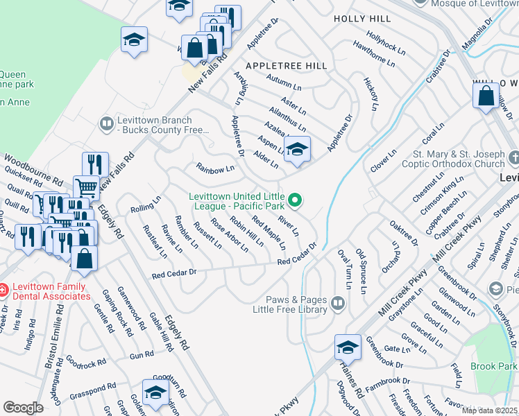 map of restaurants, bars, coffee shops, grocery stores, and more near 55 River Lane in Levittown