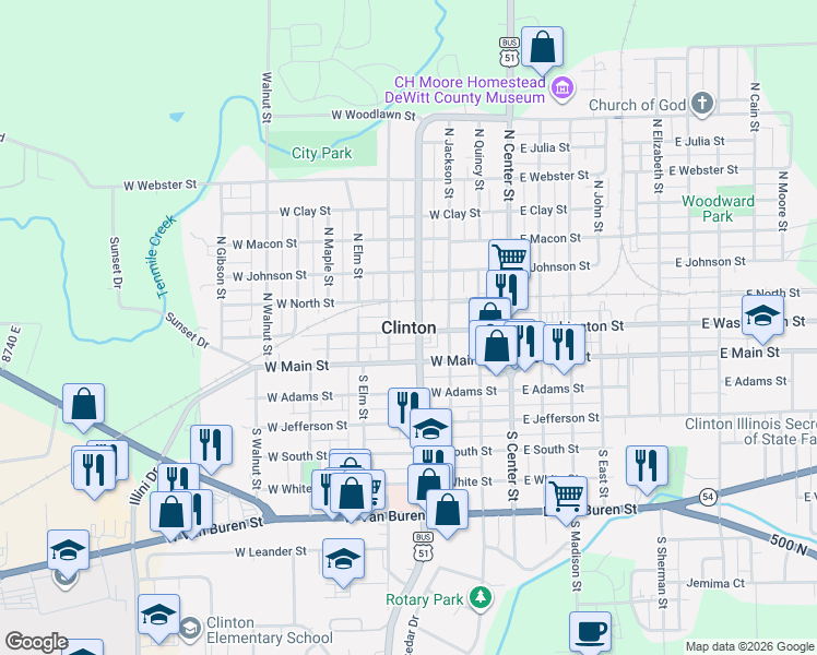 map of restaurants, bars, coffee shops, grocery stores, and more near in Clinton