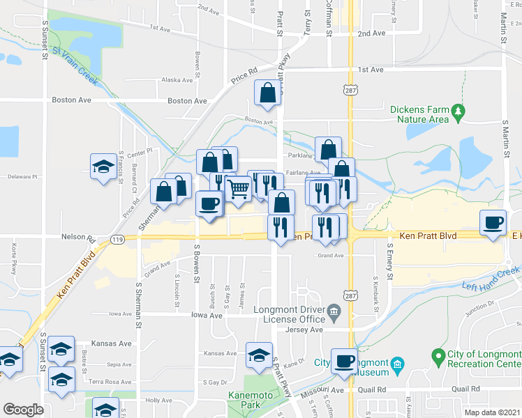 map of restaurants, bars, coffee shops, grocery stores, and more near 914 Elgin Avenue in Longmont