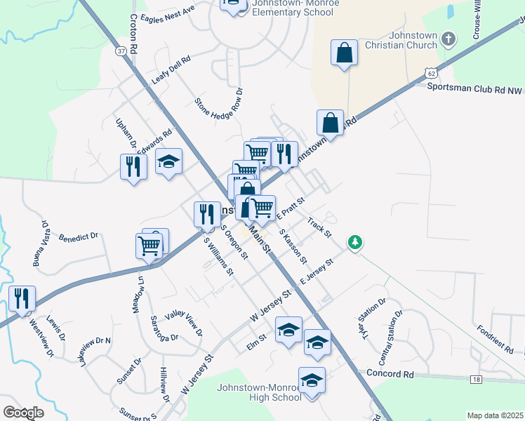 map of restaurants, bars, coffee shops, grocery stores, and more near 43 South Kasson Street in Johnstown