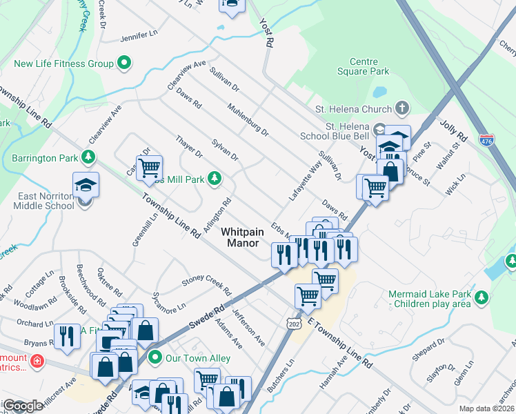 map of restaurants, bars, coffee shops, grocery stores, and more near 1558 Erbs Mill Road in Blue Bell