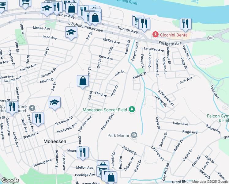map of restaurants, bars, coffee shops, grocery stores, and more near 1000 Optic Street in Monessen