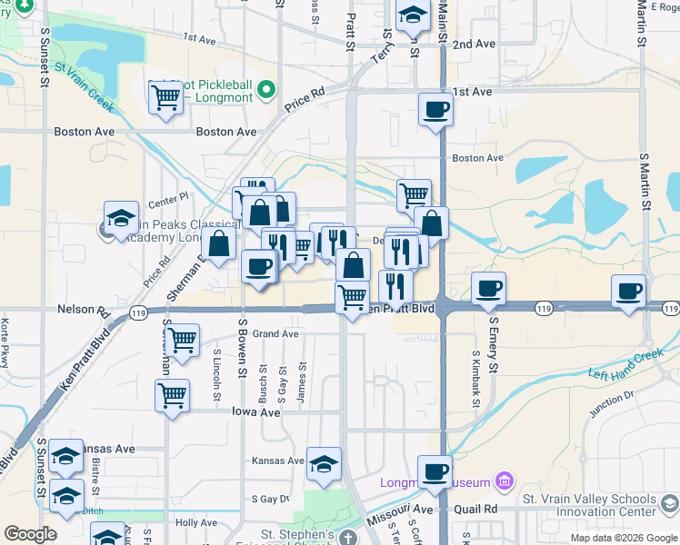 map of restaurants, bars, coffee shops, grocery stores, and more near 914-998 Elgin Ave in Longmont