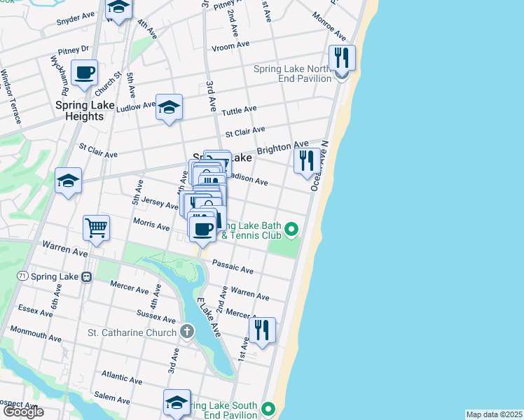 map of restaurants, bars, coffee shops, grocery stores, and more near 109 Washington Avenue in Spring Lake
