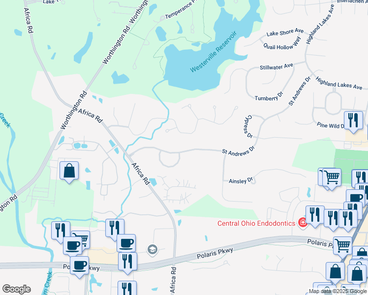 map of restaurants, bars, coffee shops, grocery stores, and more near 4969 Saint Andrews Drive in Westerville