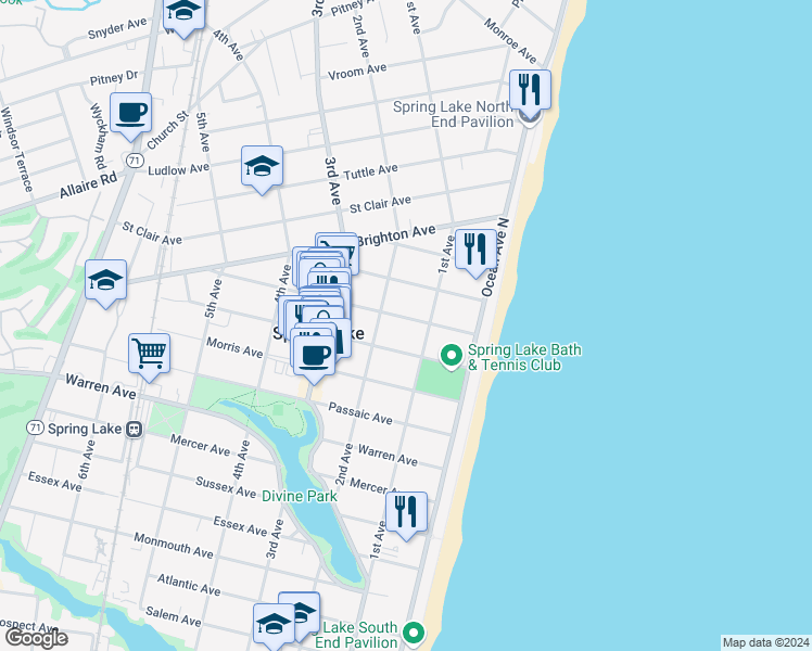 map of restaurants, bars, coffee shops, grocery stores, and more near 111 Washington Avenue in Spring Lake