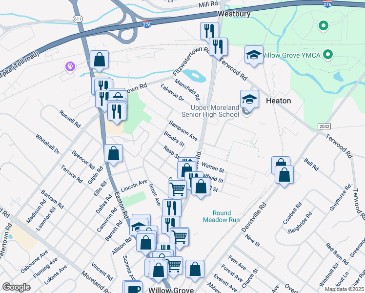 map of restaurants, bars, coffee shops, grocery stores, and more near 612 Brooks Street in Willow Grove