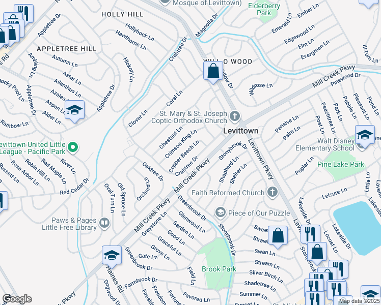 map of restaurants, bars, coffee shops, grocery stores, and more near 32 Copper Beech Lane in Levittown