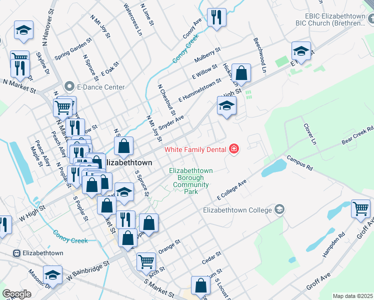 map of restaurants, bars, coffee shops, grocery stores, and more near 443 E Park St in Elizabethtown