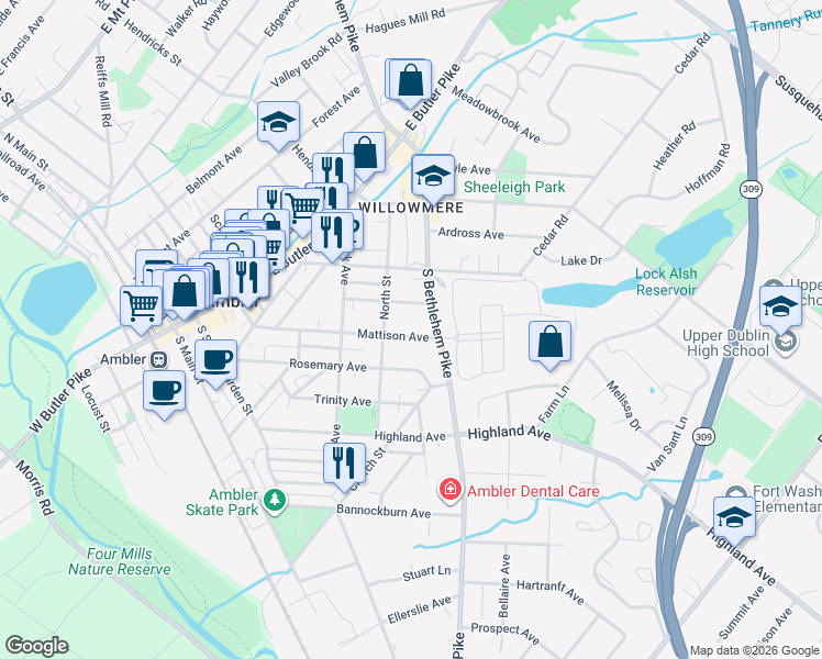 map of restaurants, bars, coffee shops, grocery stores, and more near 351 Mattison Avenue in Ambler