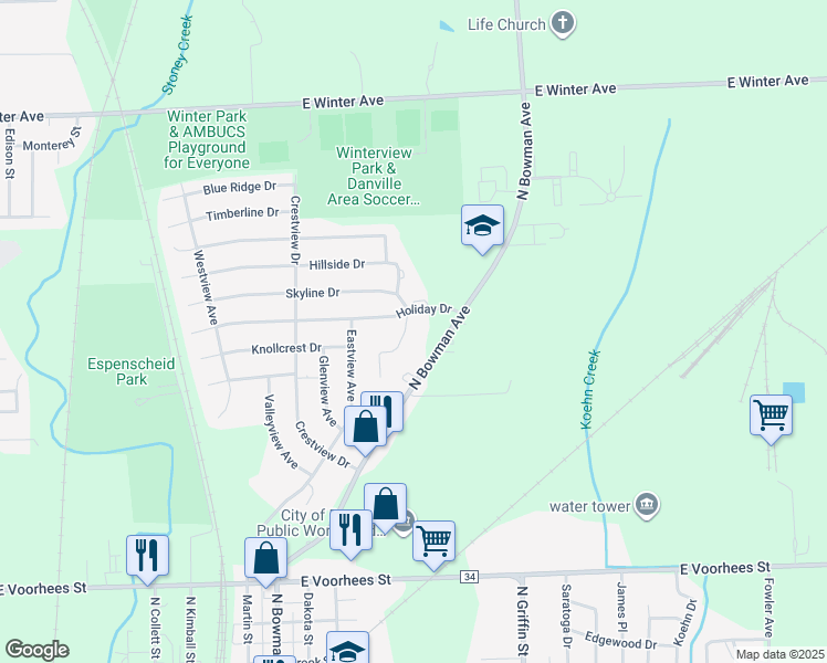 map of restaurants, bars, coffee shops, grocery stores, and more near 1600-1698 North Bowman Avenue in Danville