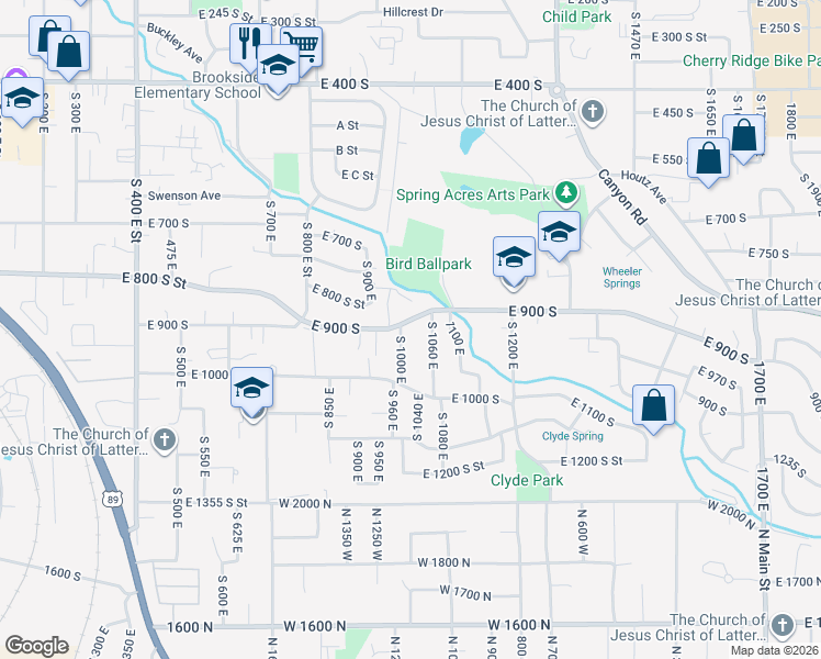 map of restaurants, bars, coffee shops, grocery stores, and more near 1012 East 900 South in Springville