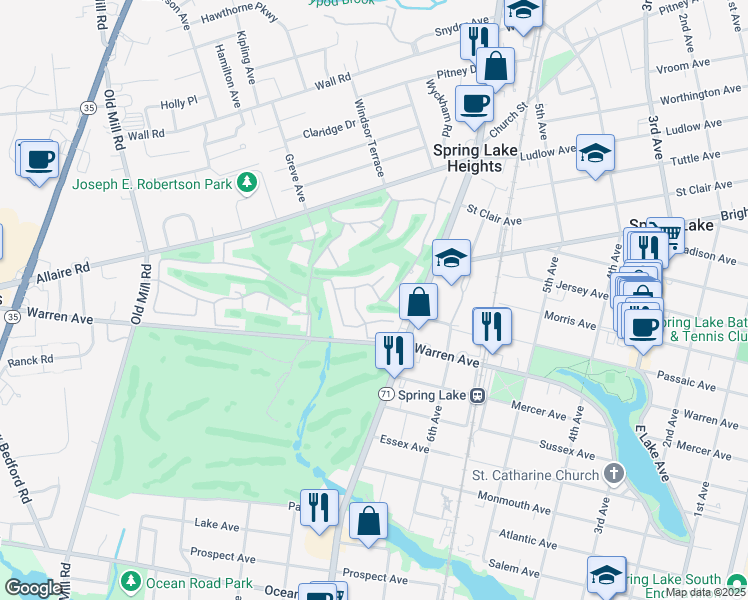 map of restaurants, bars, coffee shops, grocery stores, and more near 36 Walnut Drive in Spring Lake