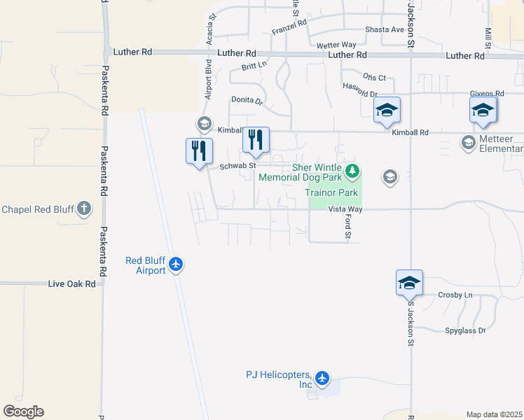 map of restaurants, bars, coffee shops, grocery stores, and more near 1425 Vista Way in Red Bluff