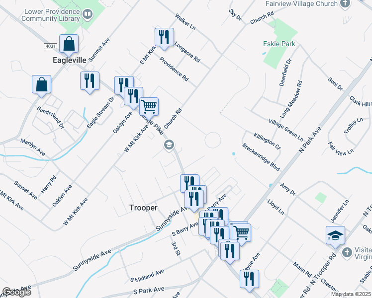 map of restaurants, bars, coffee shops, grocery stores, and more near 15 Highland Avenue in Norristown
