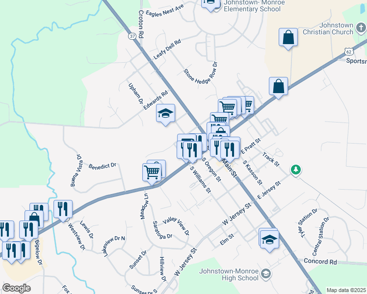 map of restaurants, bars, coffee shops, grocery stores, and more near 98 North Williams Street in Johnstown