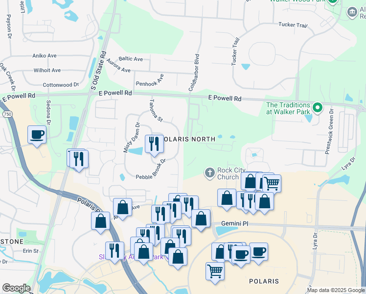 map of restaurants, bars, coffee shops, grocery stores, and more near 9121 Tahoma Street in Columbus