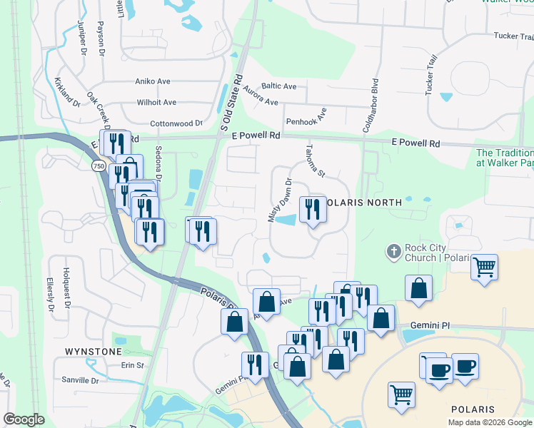 map of restaurants, bars, coffee shops, grocery stores, and more near 9113 Misty Dawn Drive in Columbus