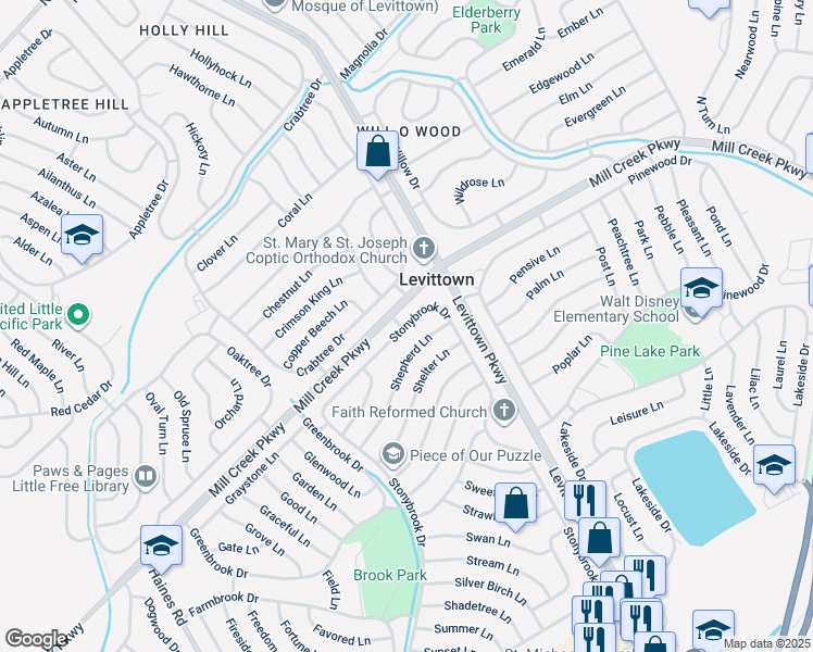 map of restaurants, bars, coffee shops, grocery stores, and more near 366 Stonybrook Drive in Levittown