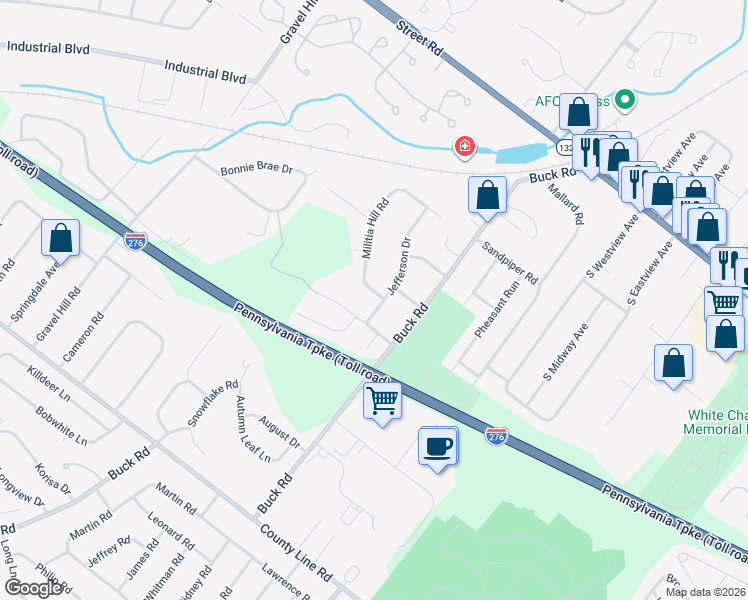 map of restaurants, bars, coffee shops, grocery stores, and more near 400 Militia Hill Road in Bucks County