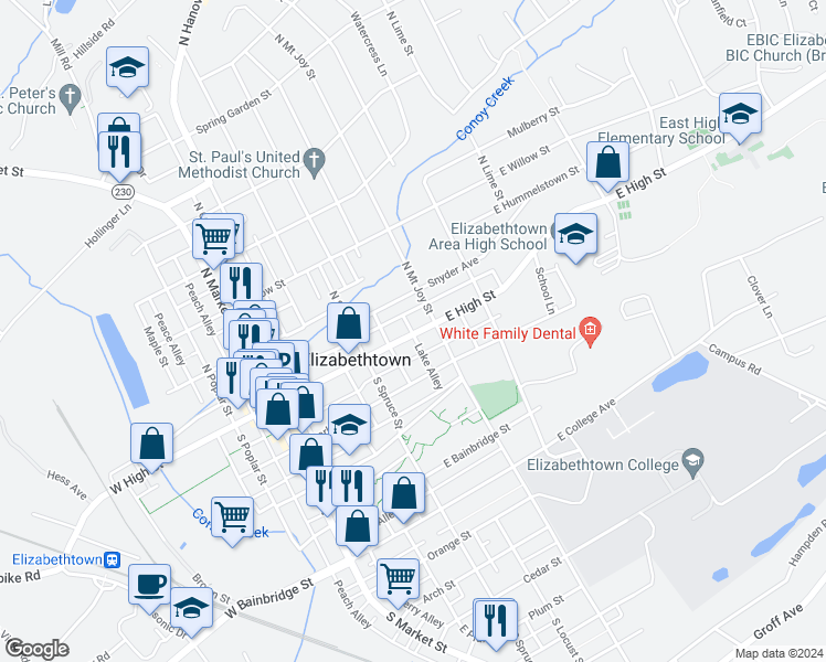 map of restaurants, bars, coffee shops, grocery stores, and more near 337 East High Street in Elizabethtown