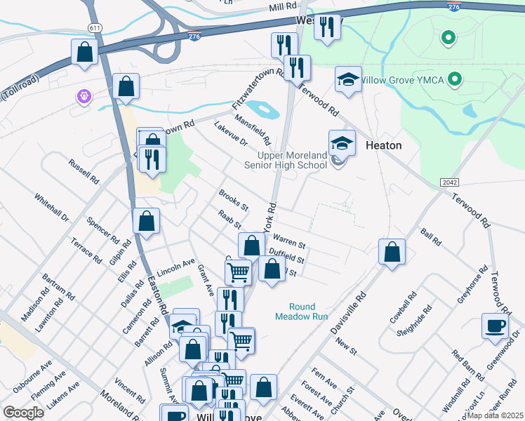 map of restaurants, bars, coffee shops, grocery stores, and more near 902 North York Road in Willow Grove