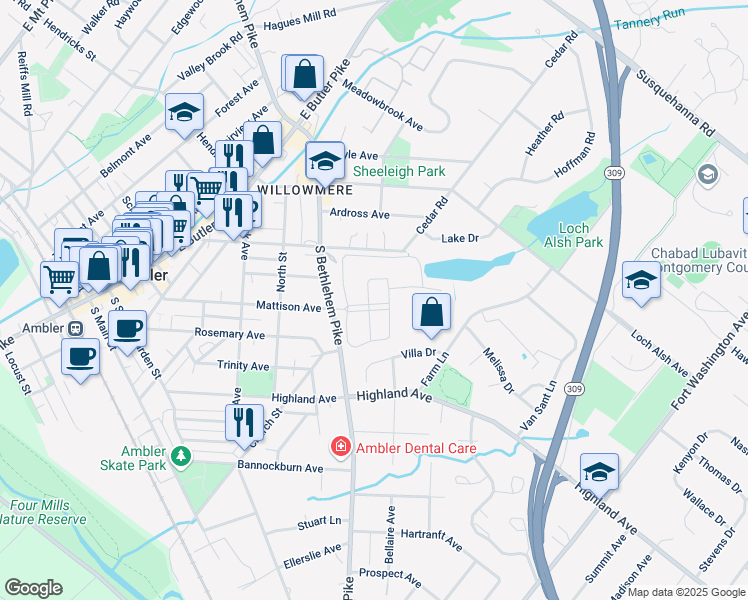 map of restaurants, bars, coffee shops, grocery stores, and more near 701 South Bethlehem Pike in Ambler