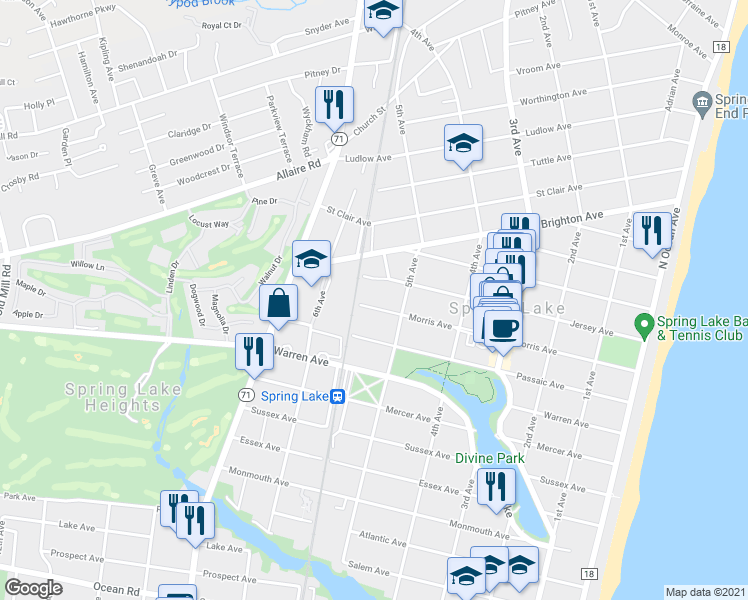 map of restaurants, bars, coffee shops, grocery stores, and more near 512 Morris Avenue in Spring Lake