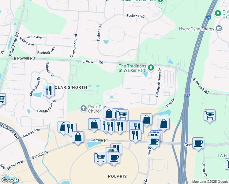 map of restaurants, bars, coffee shops, grocery stores, and more near 9136 Scenic View Circle in Columbus
