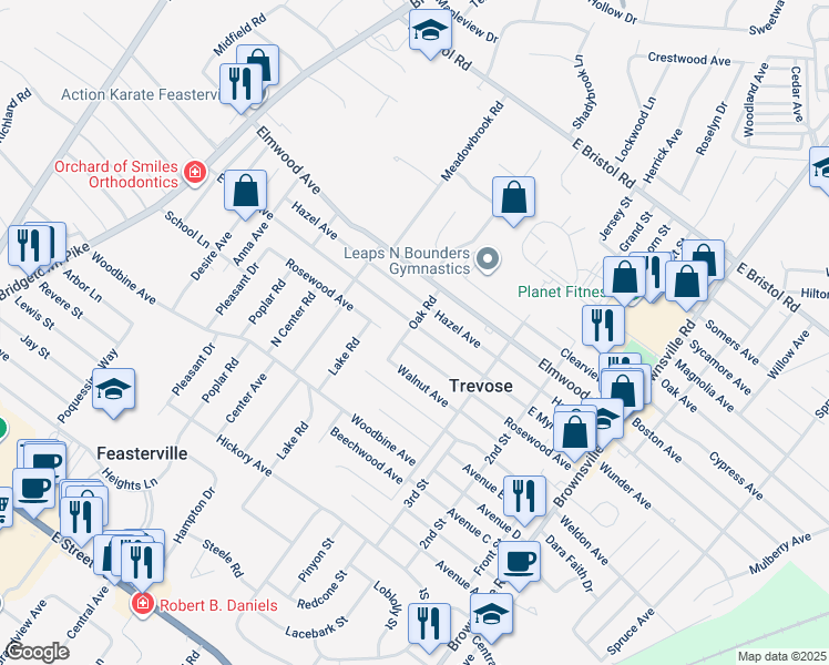 map of restaurants, bars, coffee shops, grocery stores, and more near 403 East Myrtle Avenue in Trevose