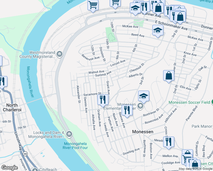 map of restaurants, bars, coffee shops, grocery stores, and more near 952 Grant Avenue in Monessen