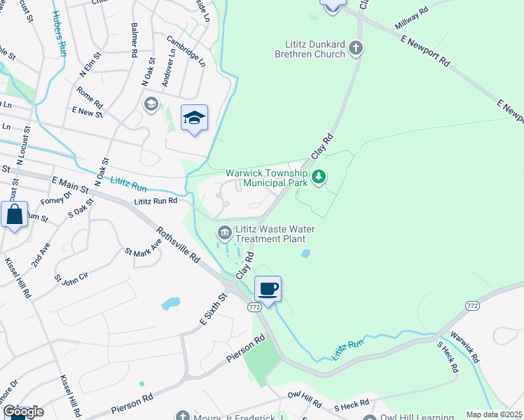 map of restaurants, bars, coffee shops, grocery stores, and more near 25 Sandstone Court in Lititz