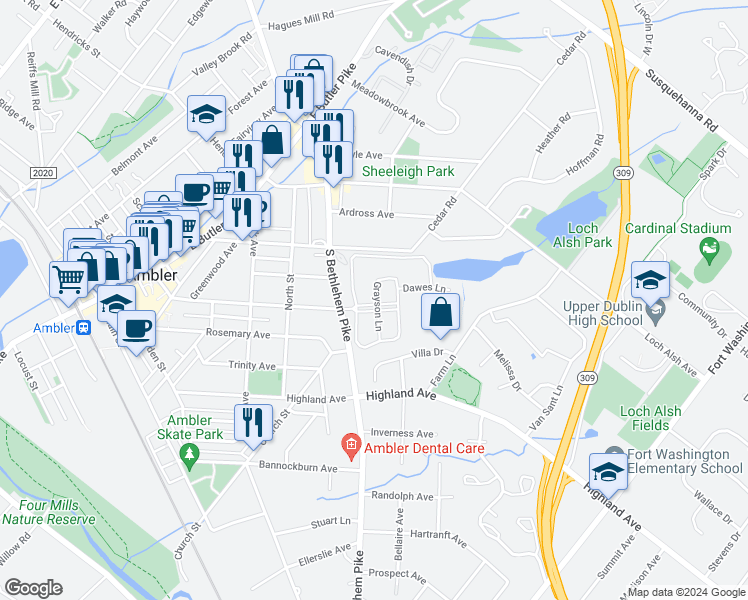 map of restaurants, bars, coffee shops, grocery stores, and more near 800 Grayson Lane in Ambler