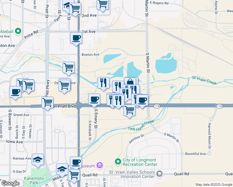 map of restaurants, bars, coffee shops, grocery stores, and more near 120 Ken Pratt Boulevard in Longmont