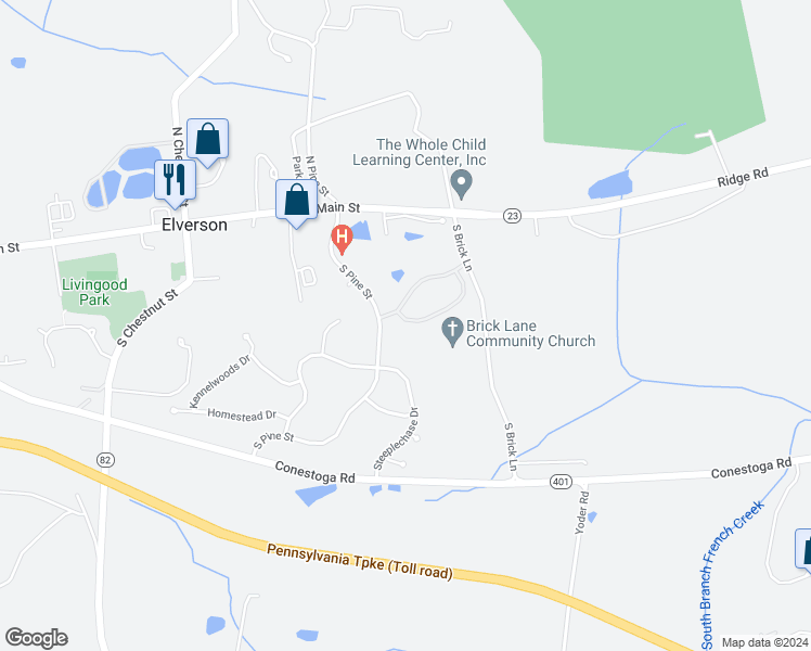 map of restaurants, bars, coffee shops, grocery stores, and more near 7 Churchill Drive in Elverson