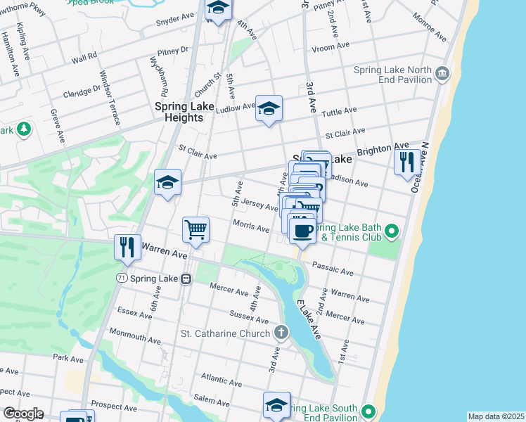 map of restaurants, bars, coffee shops, grocery stores, and more near 407 Jersey Avenue in Spring Lake