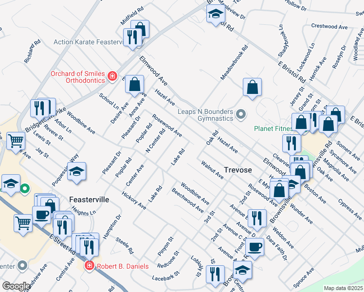map of restaurants, bars, coffee shops, grocery stores, and more near 1608 Lake Road in Trevose