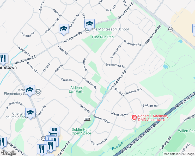 map of restaurants, bars, coffee shops, grocery stores, and more near 11-12 Dreshertown Road in Montgomery County
