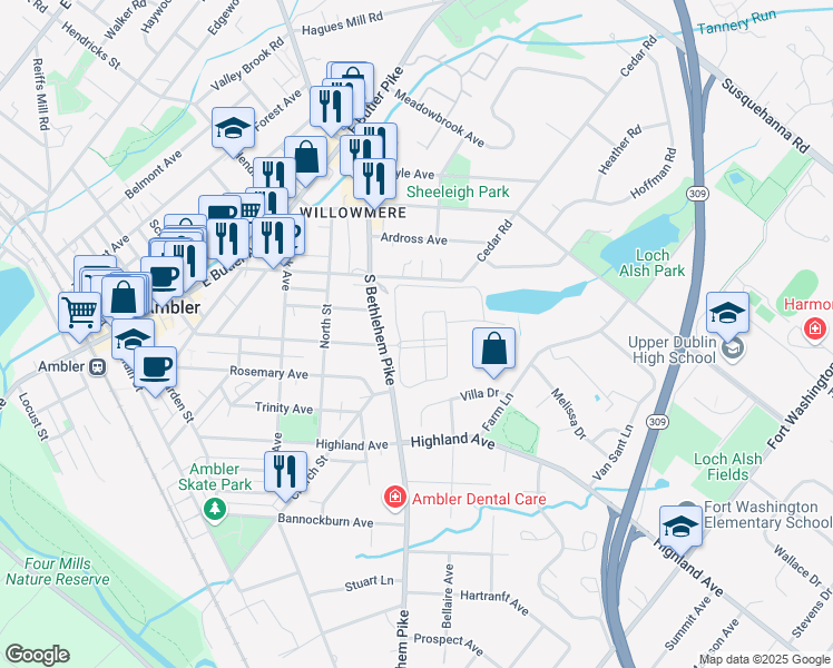 map of restaurants, bars, coffee shops, grocery stores, and more near in Ambler